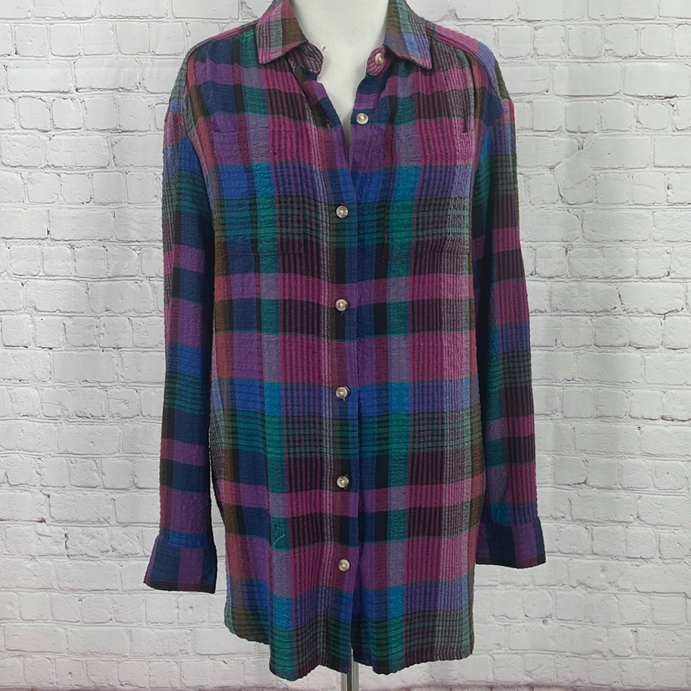 Beachlunchlounge Plaid Flannel Button Up Women’s Top Rayon Polyester Small